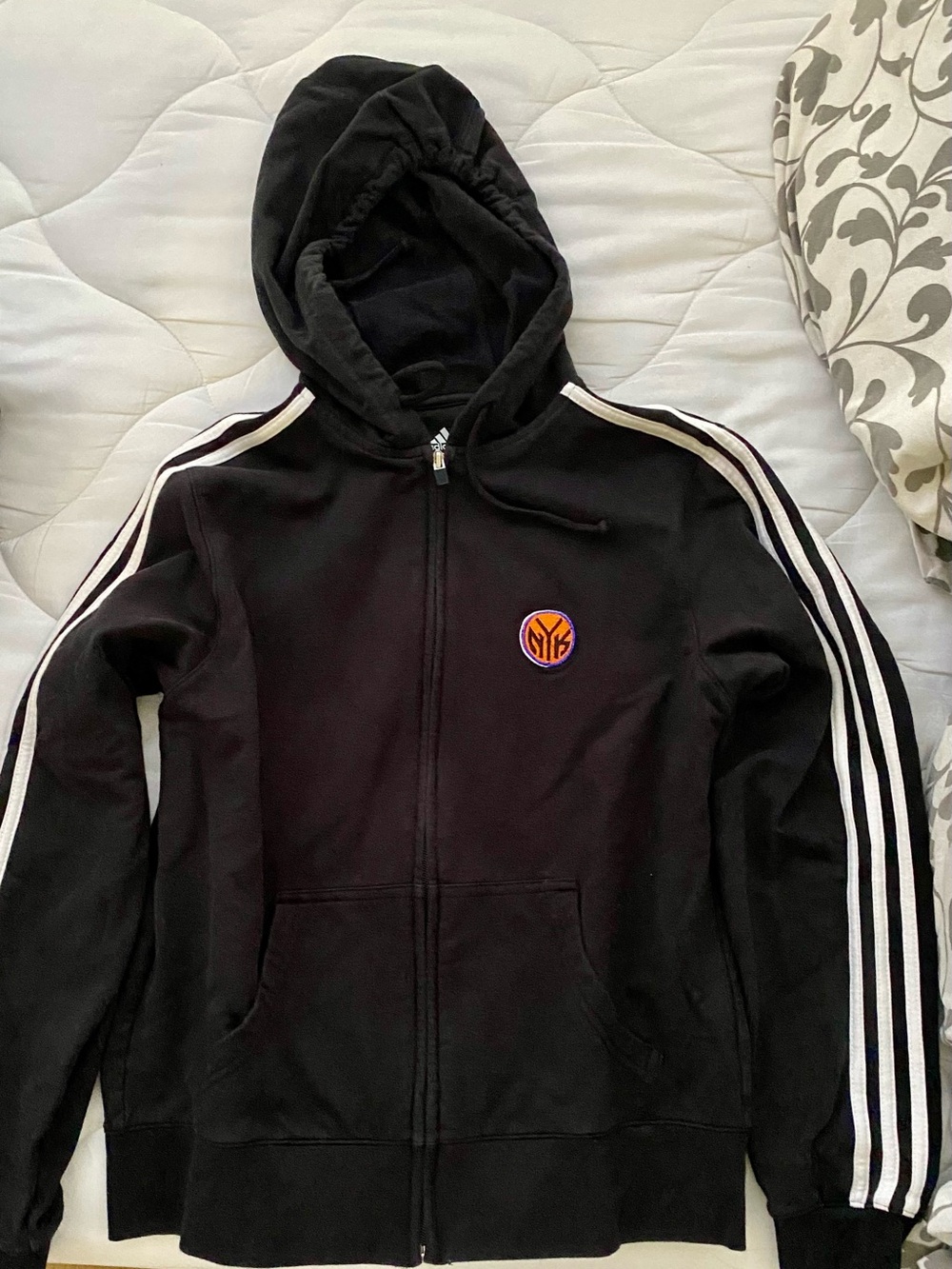 Knicks Adidas Black Zip-Up Hoodie with Striped Sleeves
